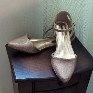 Glitter Pointed-Toe Ankle-Strap Flats in Rose Gold